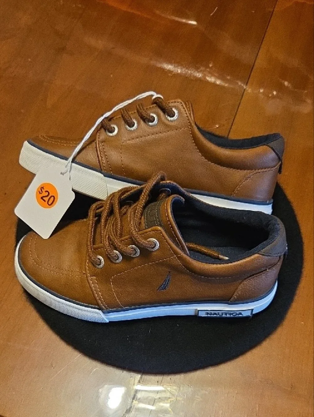 Nautica Boys Brown Tan Leather-Style Lace-Up Boat Sneakers